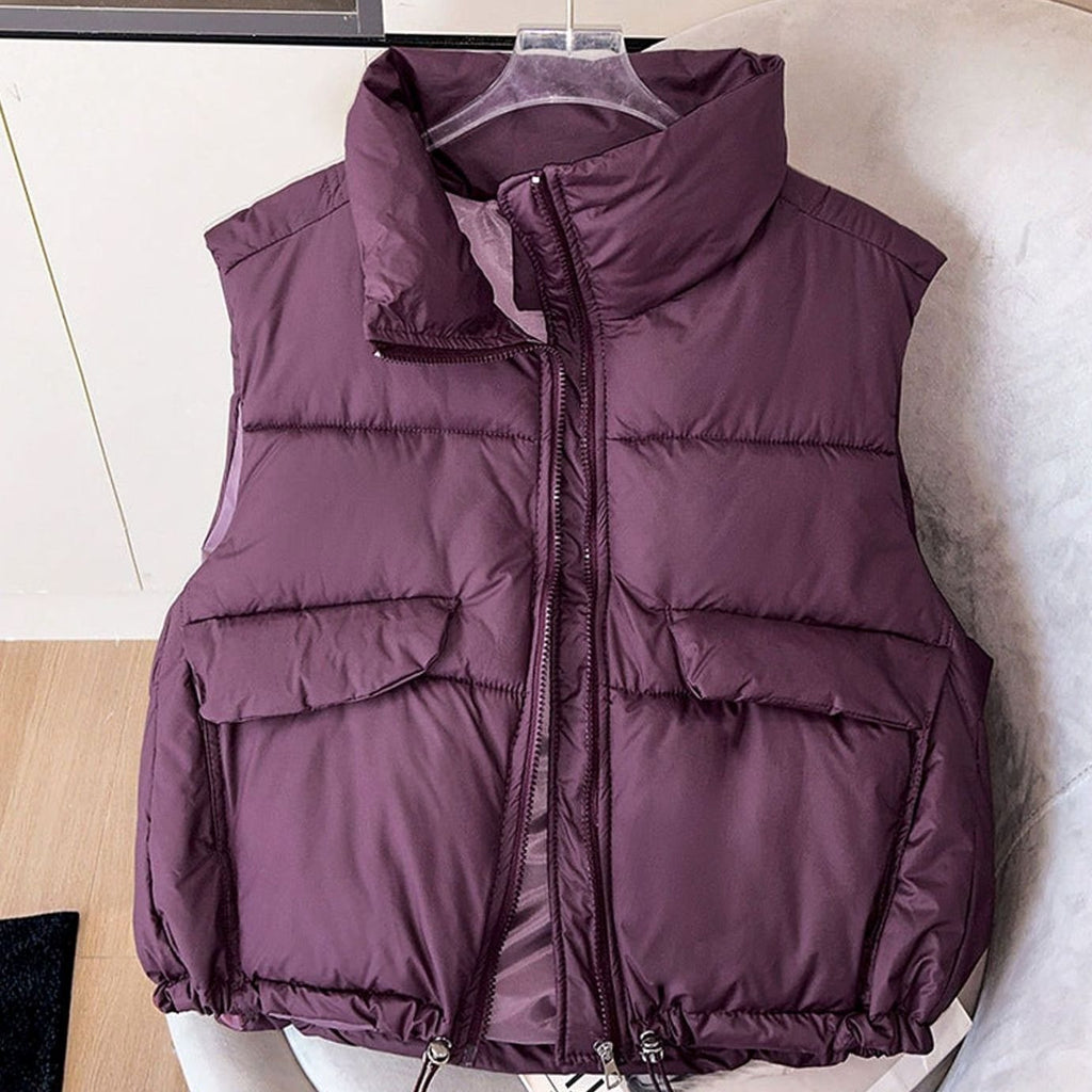 Elfriede | Gilet matelassé pour femmes Bodywarmer col montant avec cordon de serrage coupe boxy