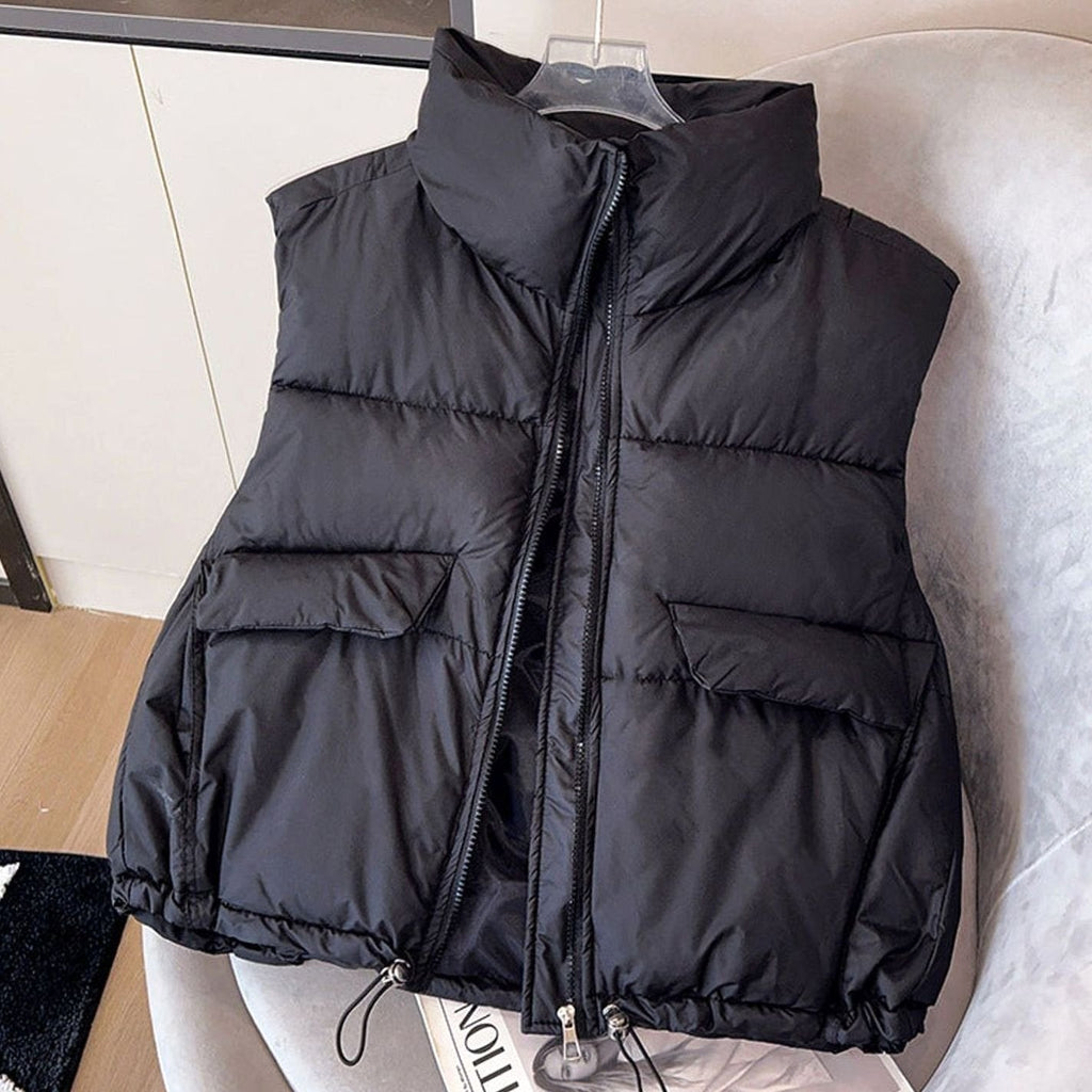 Elfriede | Gilet matelassé pour femmes Bodywarmer col montant avec cordon de serrage coupe boxy