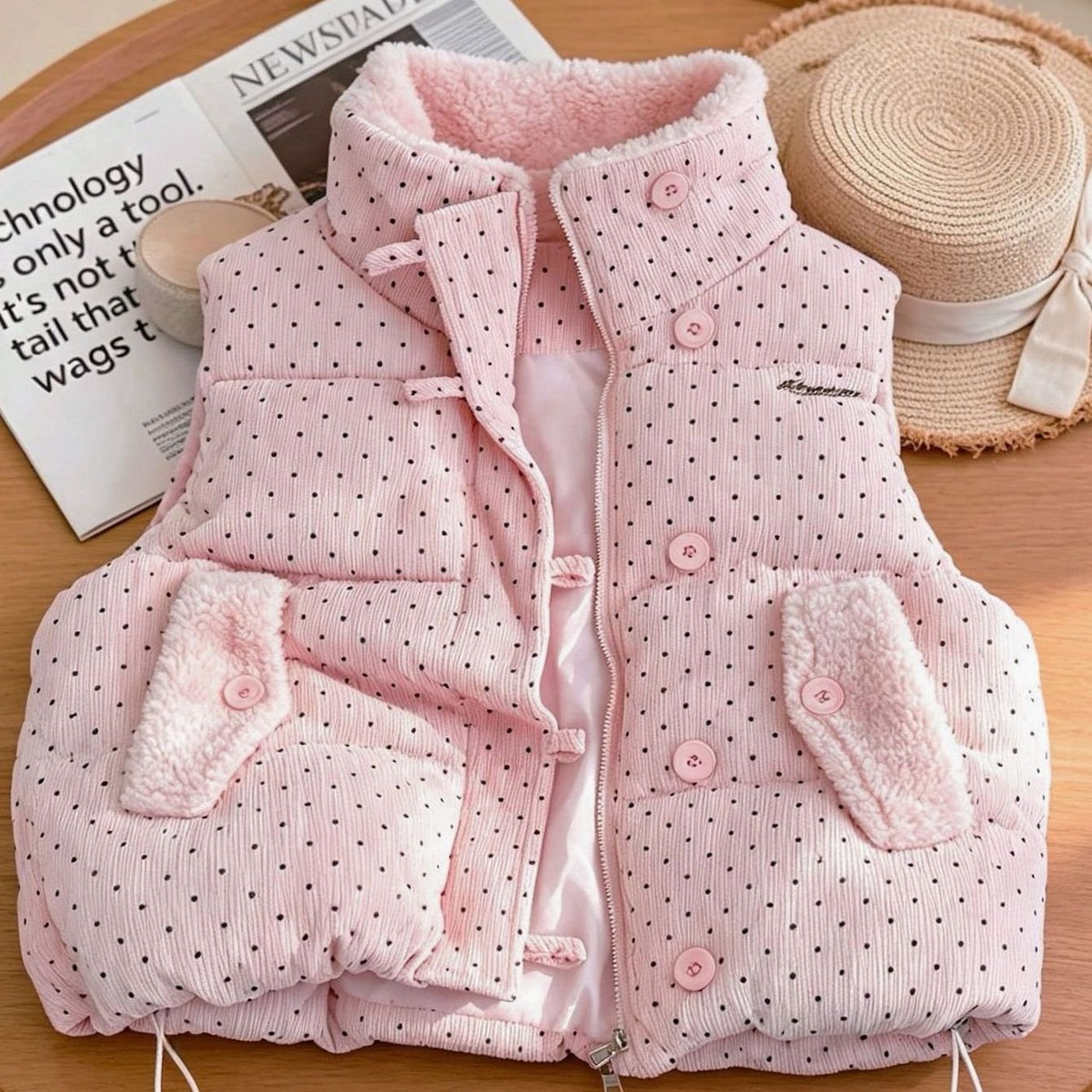Marie | Gilet matelassé femme avec doublure en teddy col montant à pois