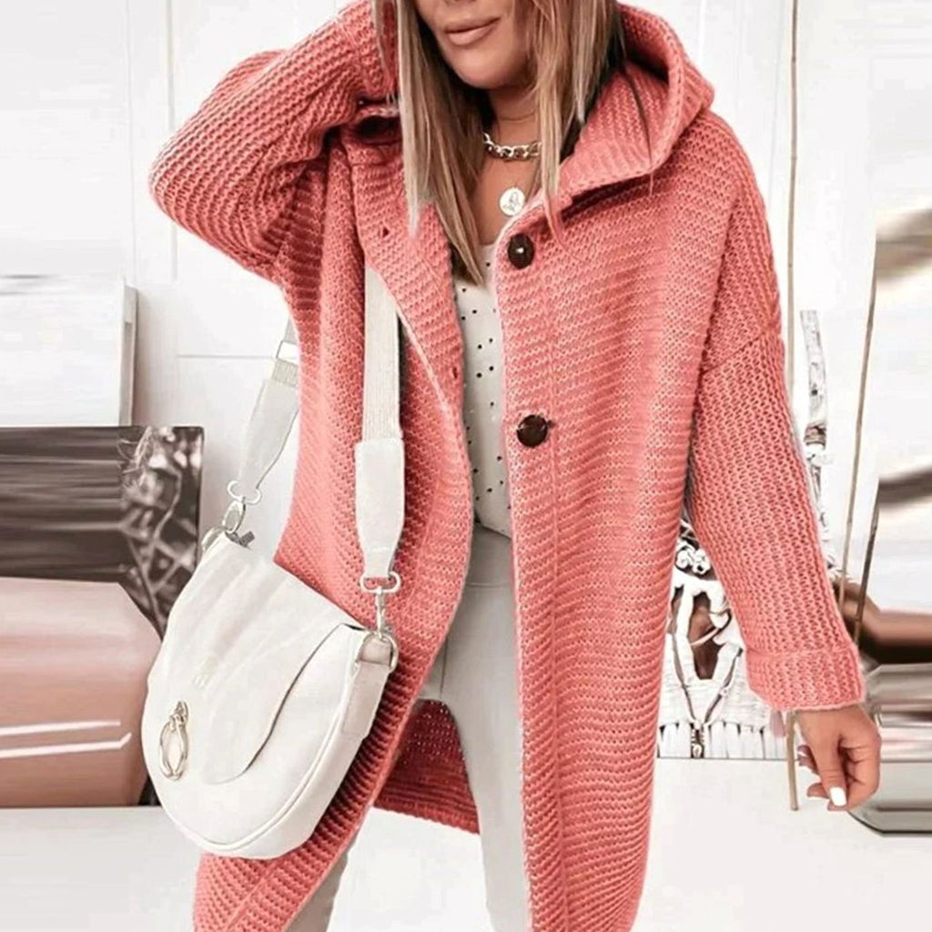 Annika | Veste en tricot pour femmes avec capuche et patte de boutonnage en coupe droite