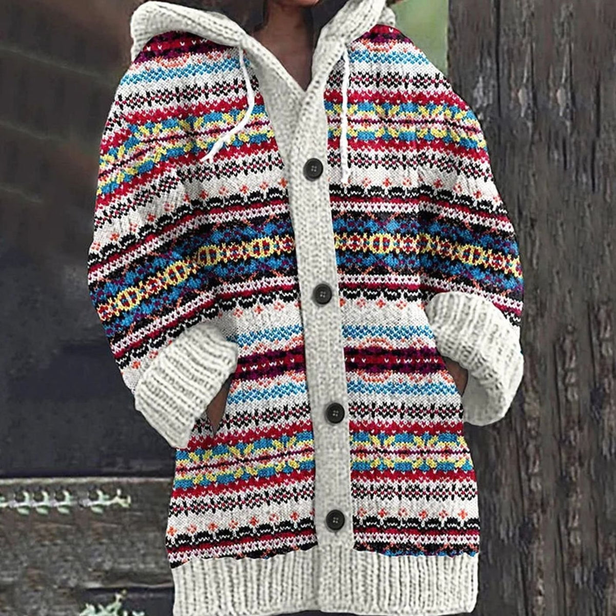 Hannah | Veste en tricot pour femmes avec motif norvégien, capuche et patte de boutonnage