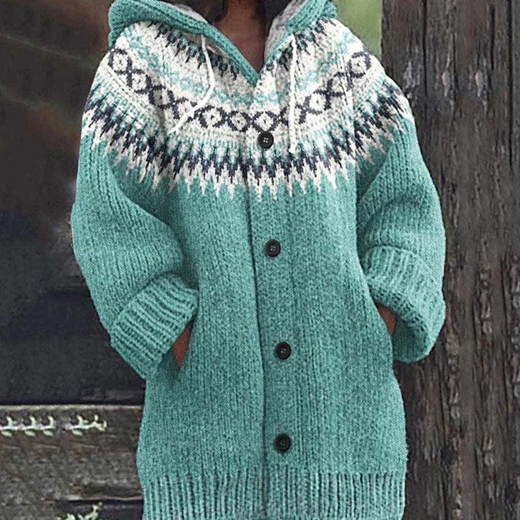 Hannah | Veste en tricot pour femmes avec motif norvégien, capuche et patte de boutonnage