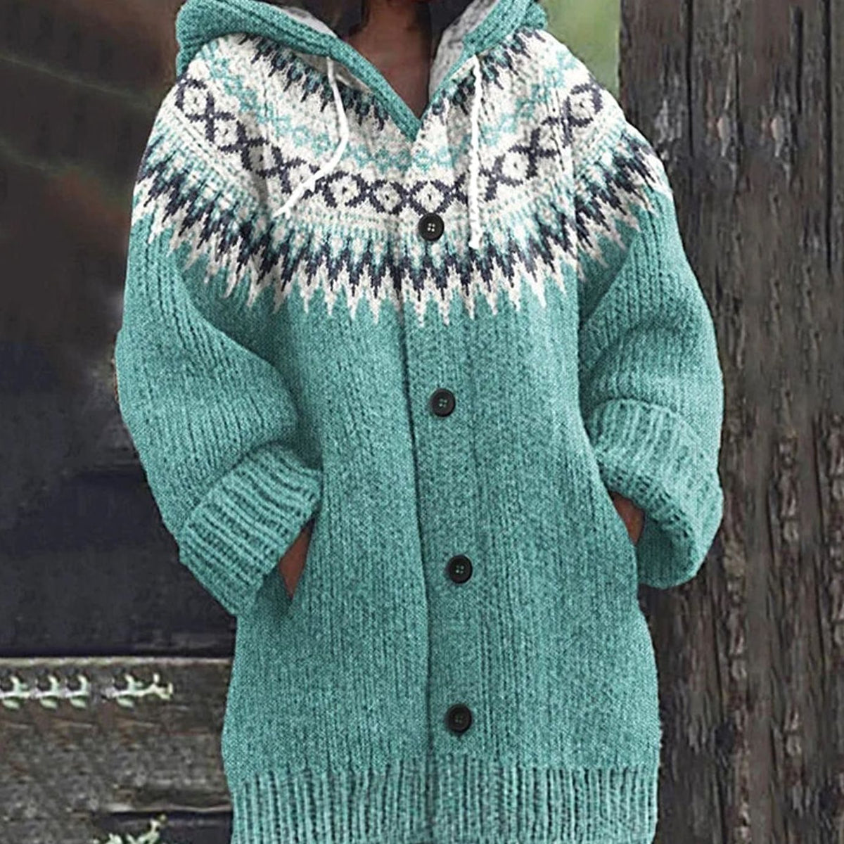 Hannah | Veste en tricot pour femmes avec motif norvégien, capuche et patte de boutonnage