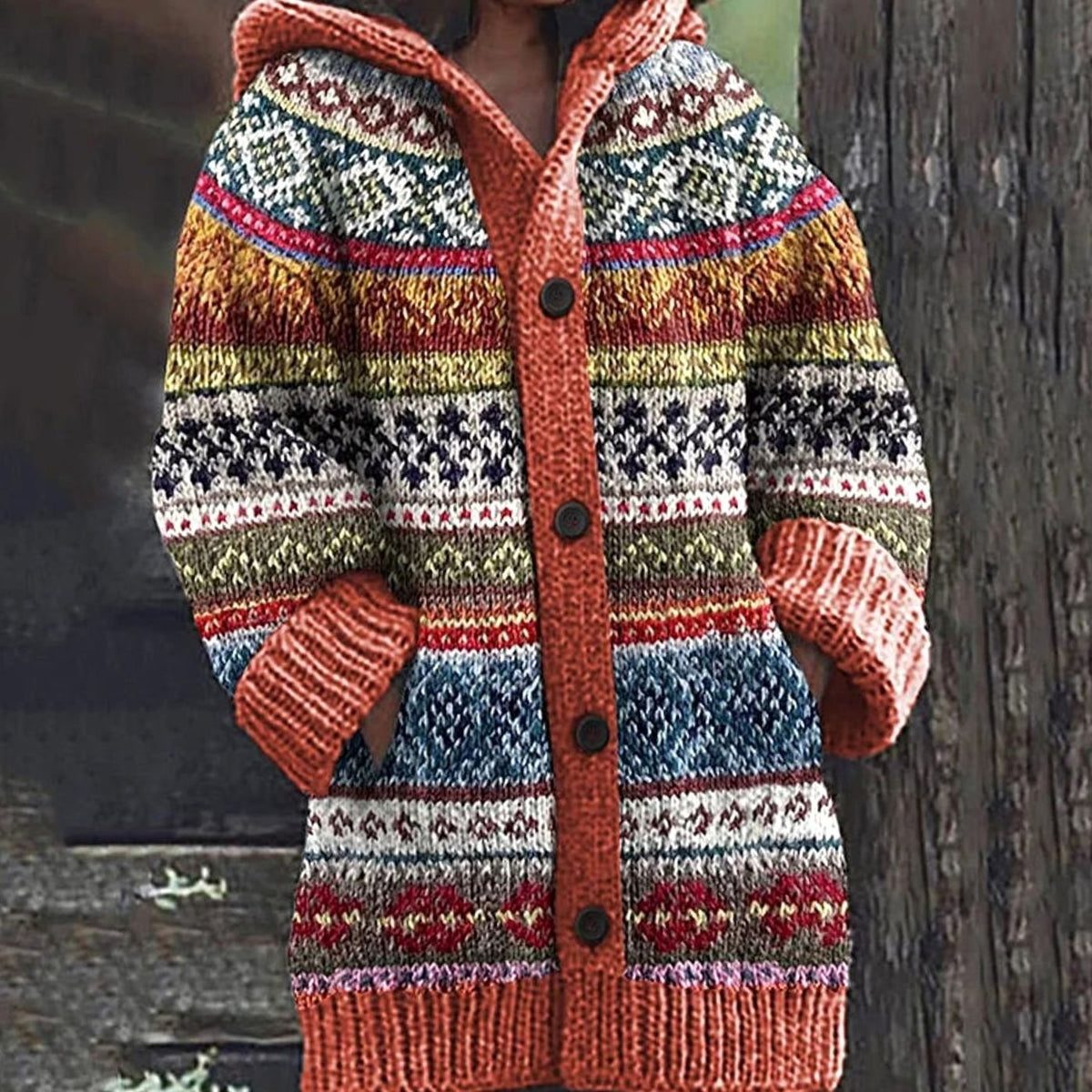 Hannah | Veste en tricot pour femmes avec motif norvégien, capuche et patte de boutonnage