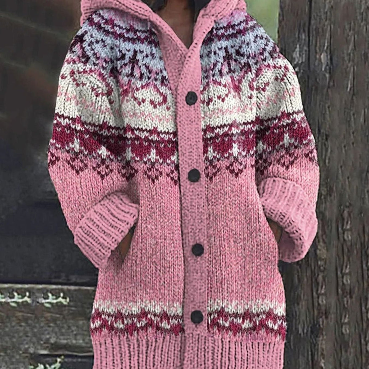 Hannah | Veste en tricot pour femmes avec motif norvégien, capuche et patte de boutonnage