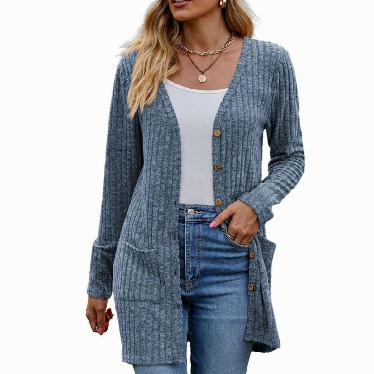 Marie | Veste en tricot pour femmes avec structure côtelée, poches plaquées et patte de boutonnage