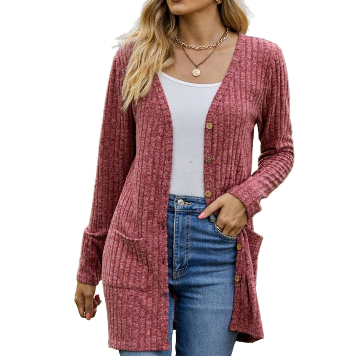 Marie | Veste en tricot pour femmes avec structure côtelée, poches plaquées et patte de boutonnage
