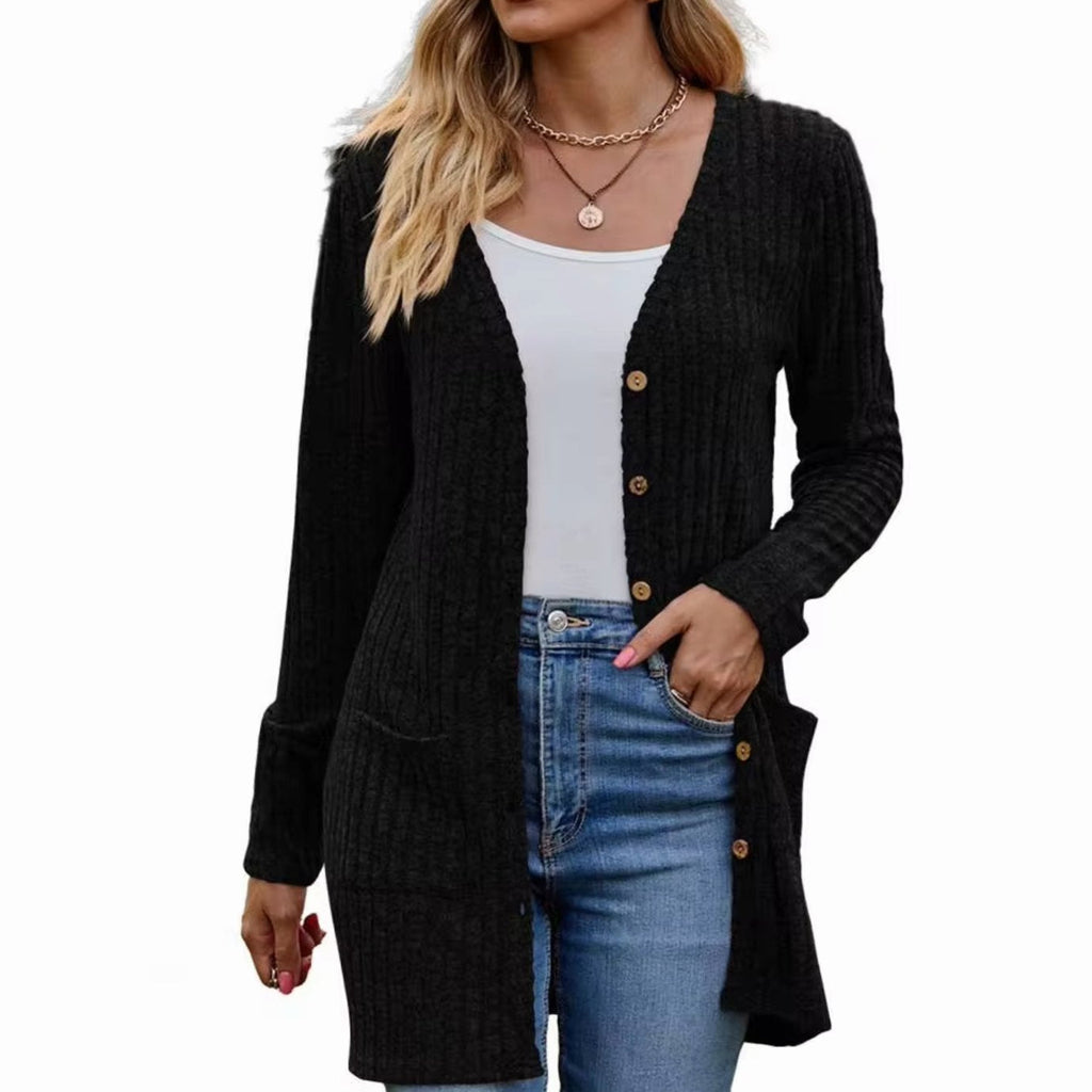 Marie | Veste en tricot pour femmes avec structure côtelée, poches plaquées et patte de boutonnage