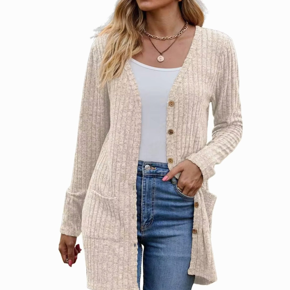 Marie | Veste en tricot pour femmes avec structure côtelée, poches plaquées et patte de boutonnage
