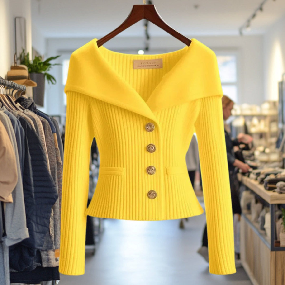 Amelie | Veste en tricot femme Off-Shoulder ajustée en maille côtelée avec boutons dorés