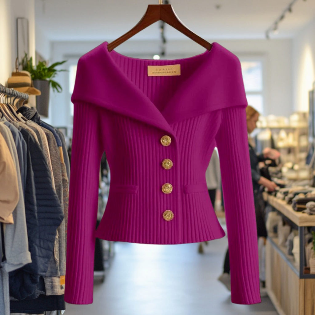 Amelie | Veste en tricot femme Off-Shoulder ajustée en maille côtelée avec boutons dorés