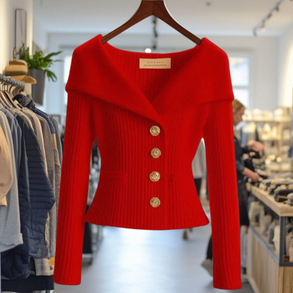 Amelie | Veste en tricot femme Off-Shoulder ajustée en maille côtelée avec boutons dorés