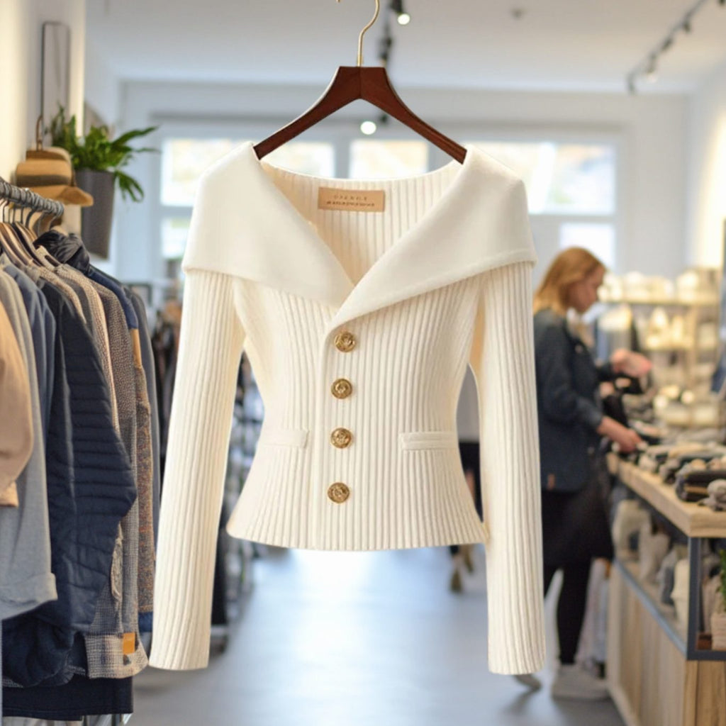 Amelie | Veste en tricot femme Off-Shoulder ajustée en maille côtelée avec boutons dorés