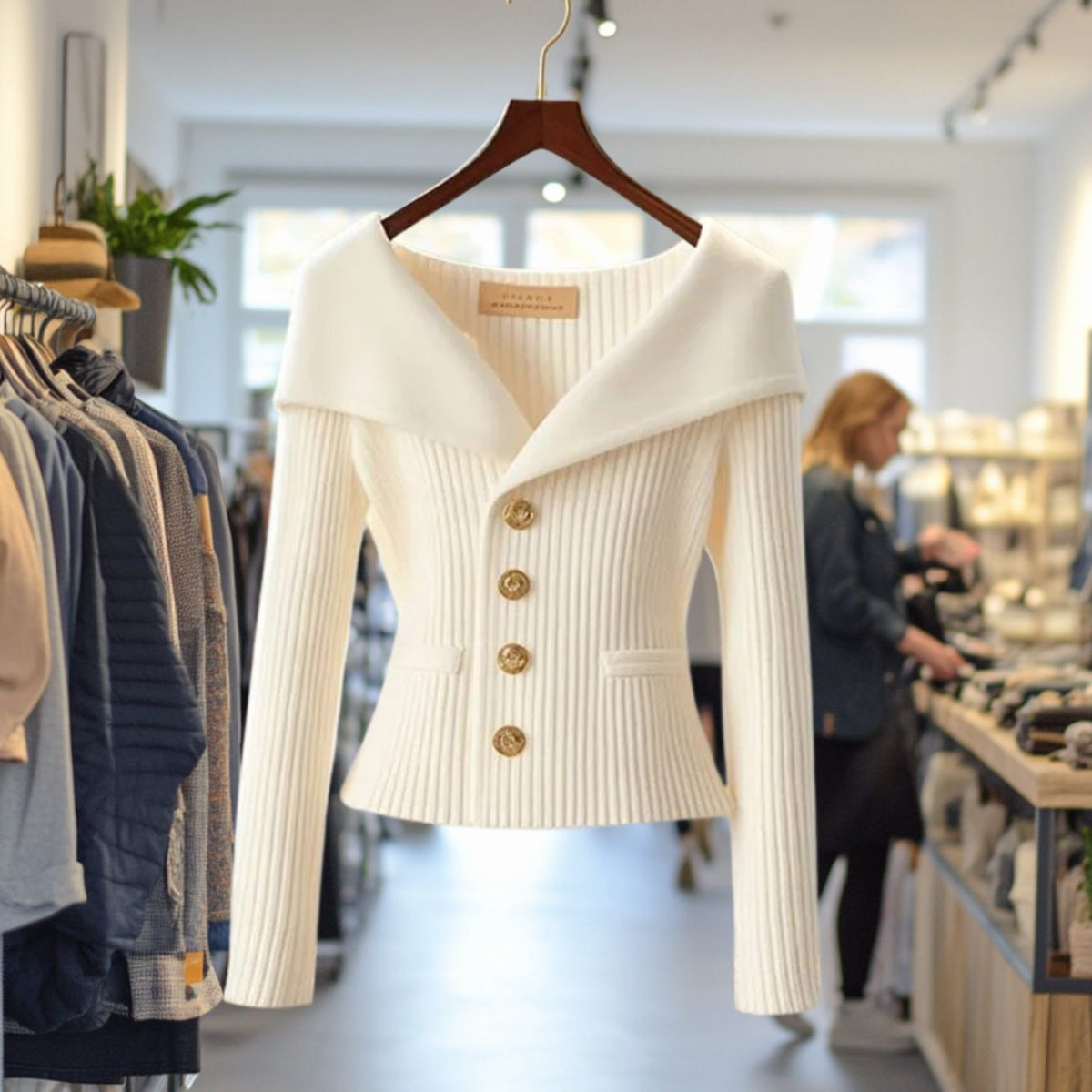 Amelie | Veste en tricot femme Off-Shoulder ajustée en maille côtelée avec boutons dorés