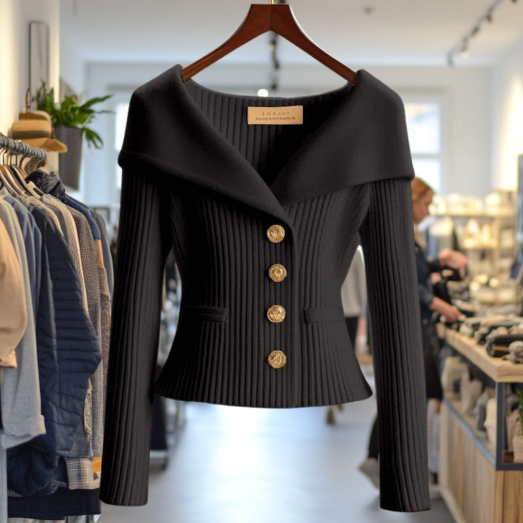 Amelie | Veste en tricot femme Off-Shoulder ajustée en maille côtelée avec boutons dorés