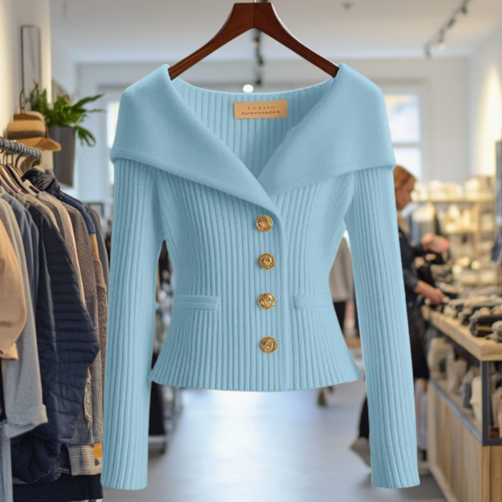Amelie | Veste en tricot femme Off-Shoulder ajustée en maille côtelée avec boutons dorés