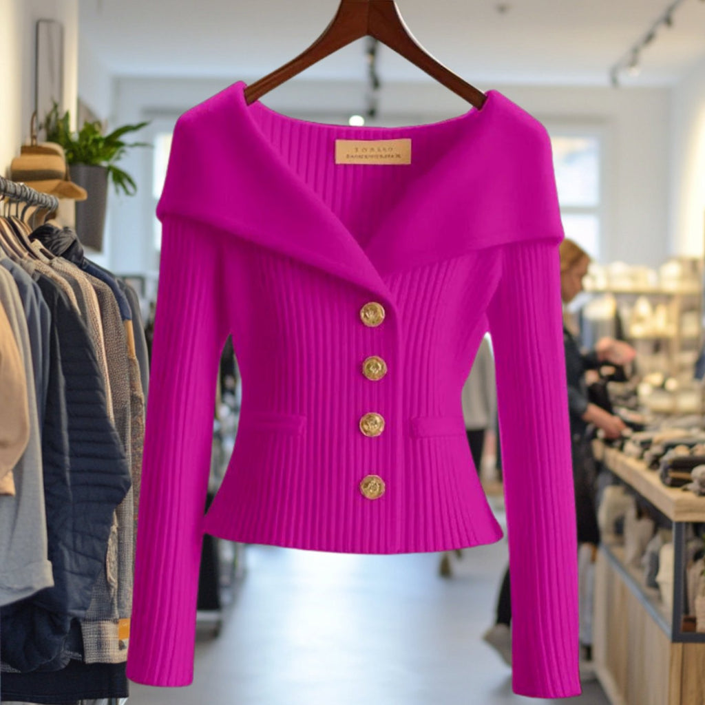 Amelie | Veste en tricot femme Off-Shoulder ajustée en maille côtelée avec boutons dorés
