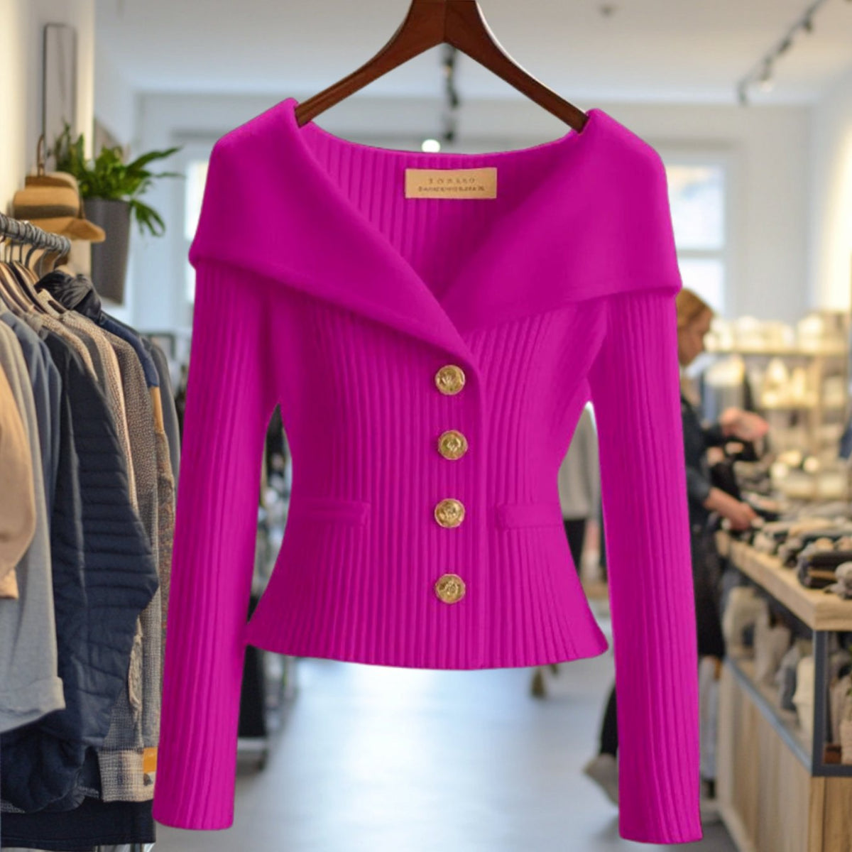 Amelie | Veste en tricot femme Off-Shoulder ajustée en maille côtelée avec boutons dorés
