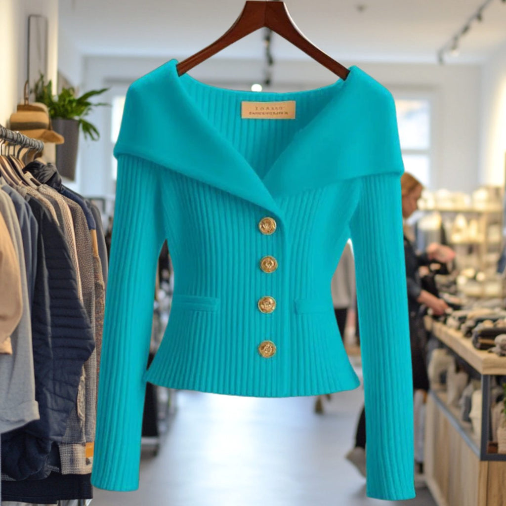 Amelie | Veste en tricot femme Off-Shoulder ajustée en maille côtelée avec boutons dorés