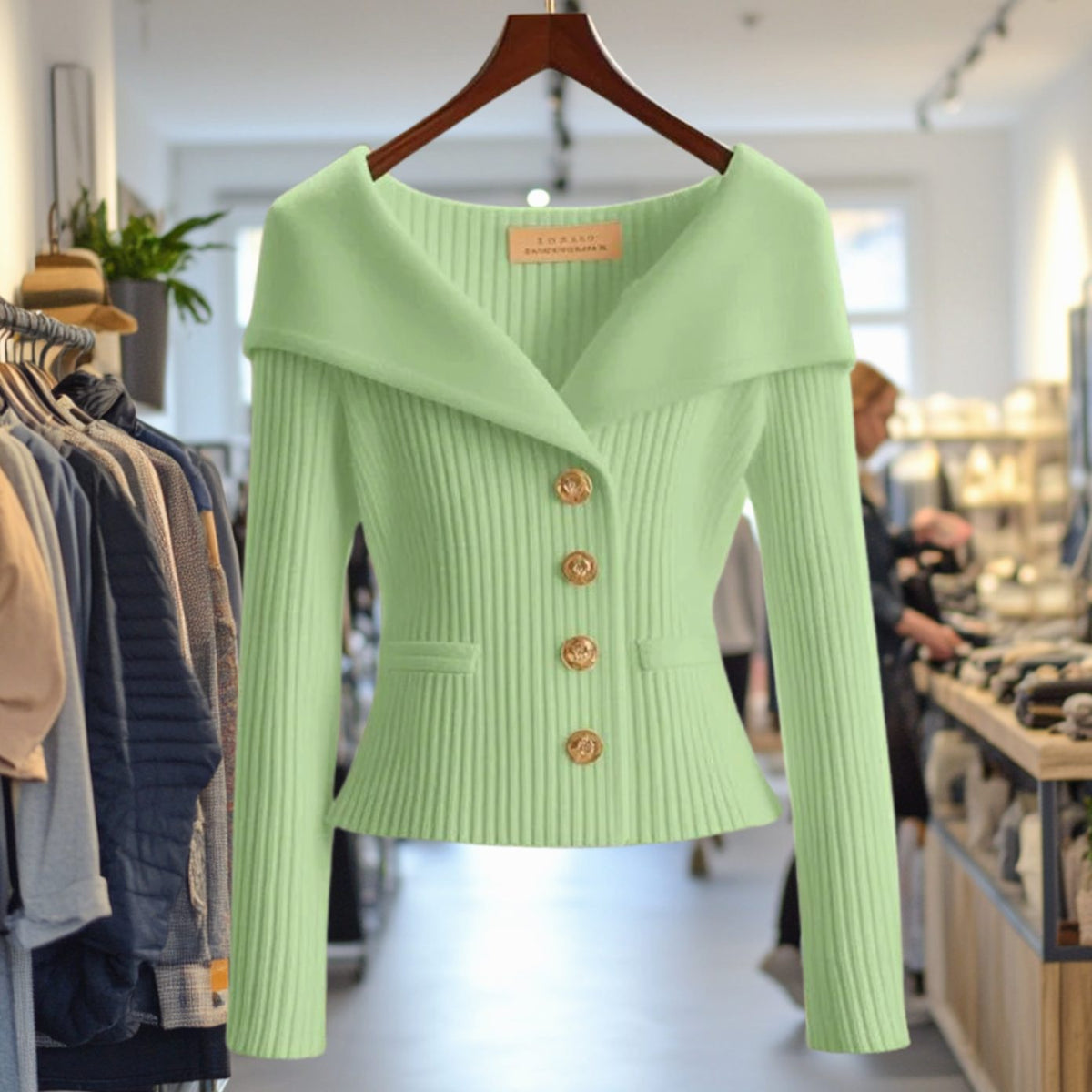 Amelie | Veste en tricot femme Off-Shoulder ajustée en maille côtelée avec boutons dorés