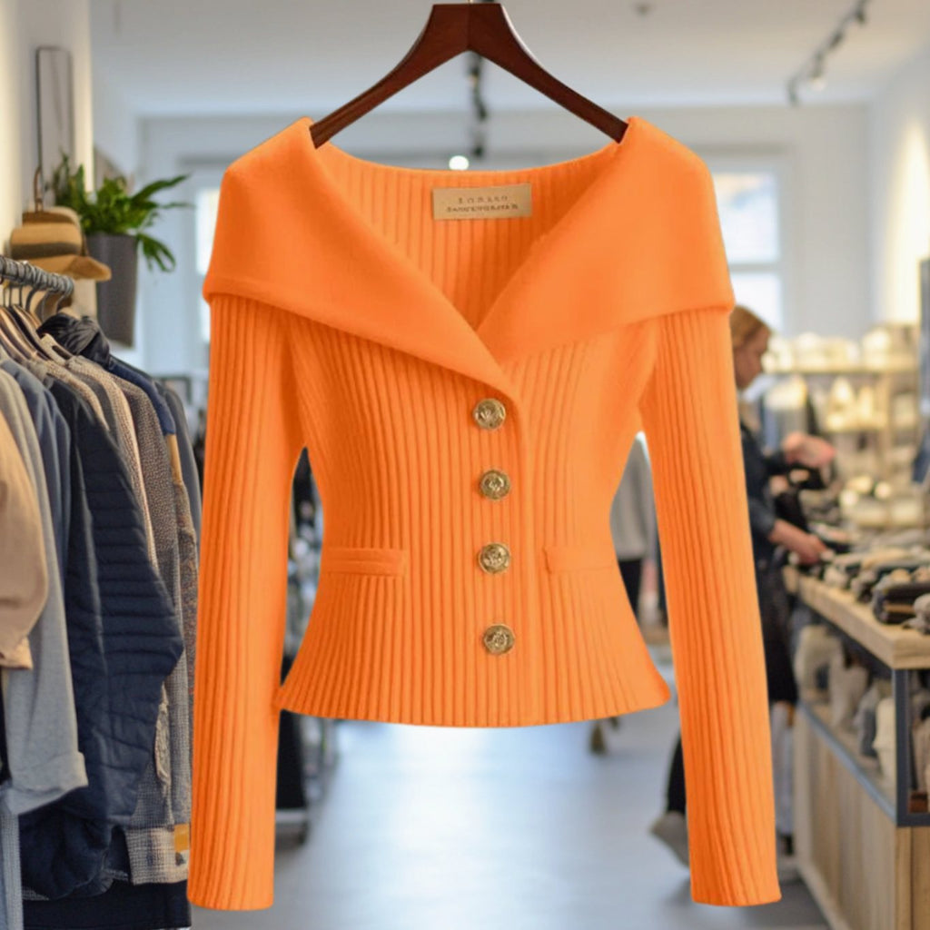 Amelie | Veste en tricot femme Off-Shoulder ajustée en maille côtelée avec boutons dorés