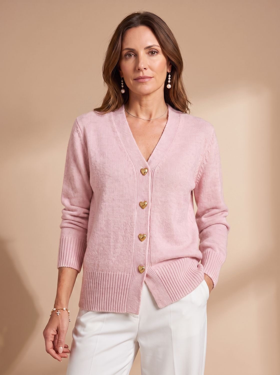 Katharina | Cardigan à col en V pour femmes, manches longues, boutons en forme de cœur dorés