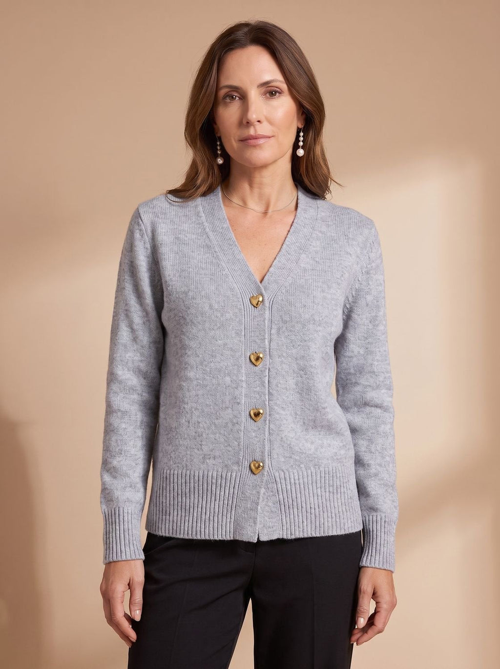 Katharina | Cardigan à col en V pour femmes, manches longues, boutons en forme de cœur dorés