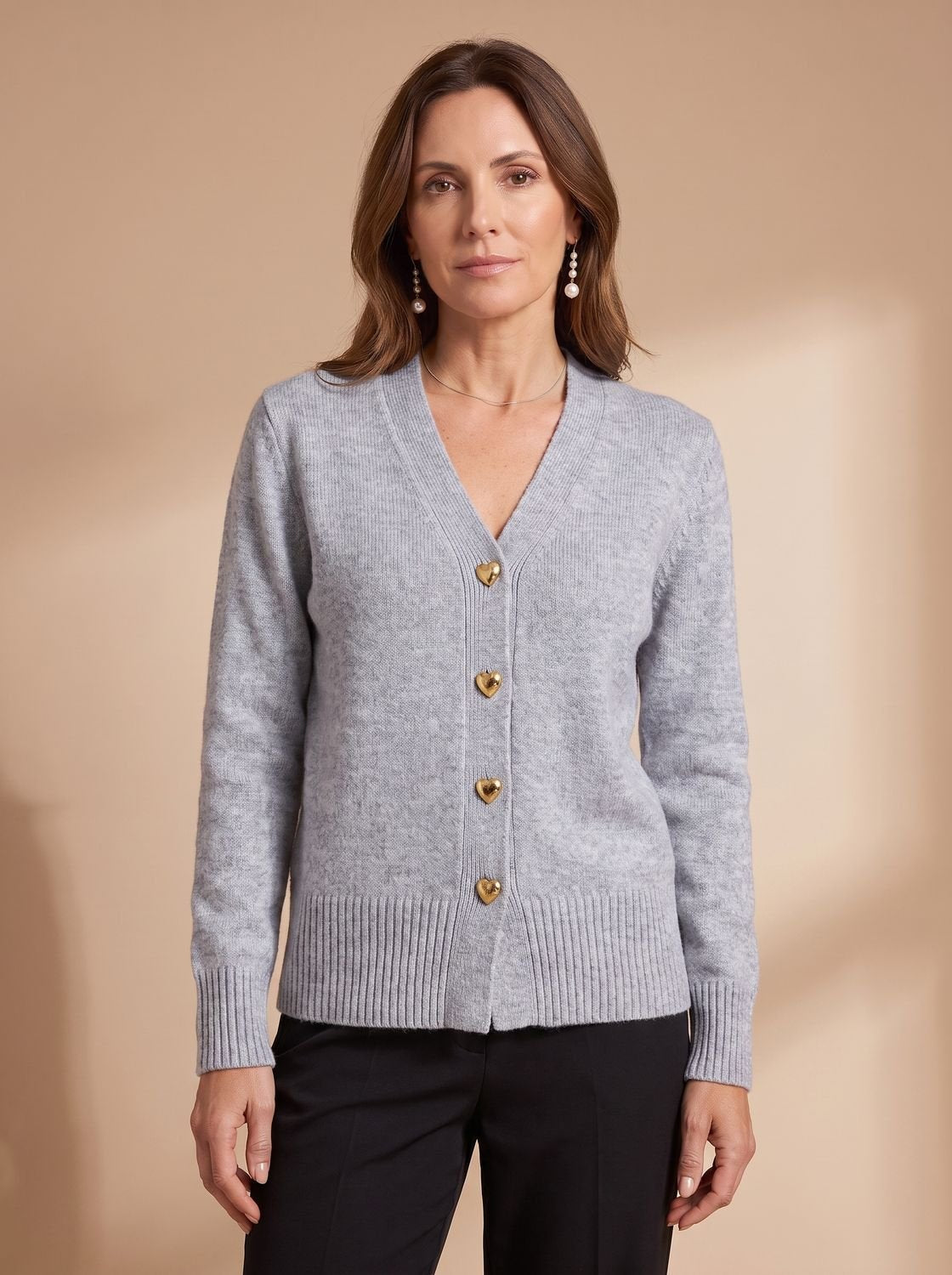 Katharina | Cardigan à col en V pour femmes, manches longues, boutons en forme de cœur dorés