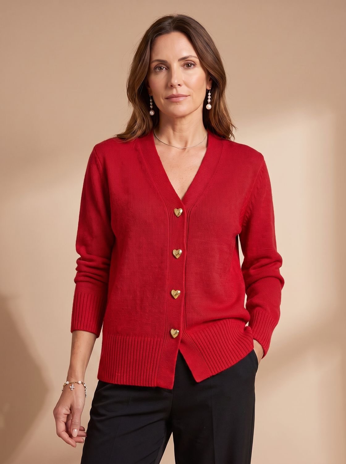 Katharina | Cardigan à col en V pour femmes, manches longues, boutons en forme de cœur dorés