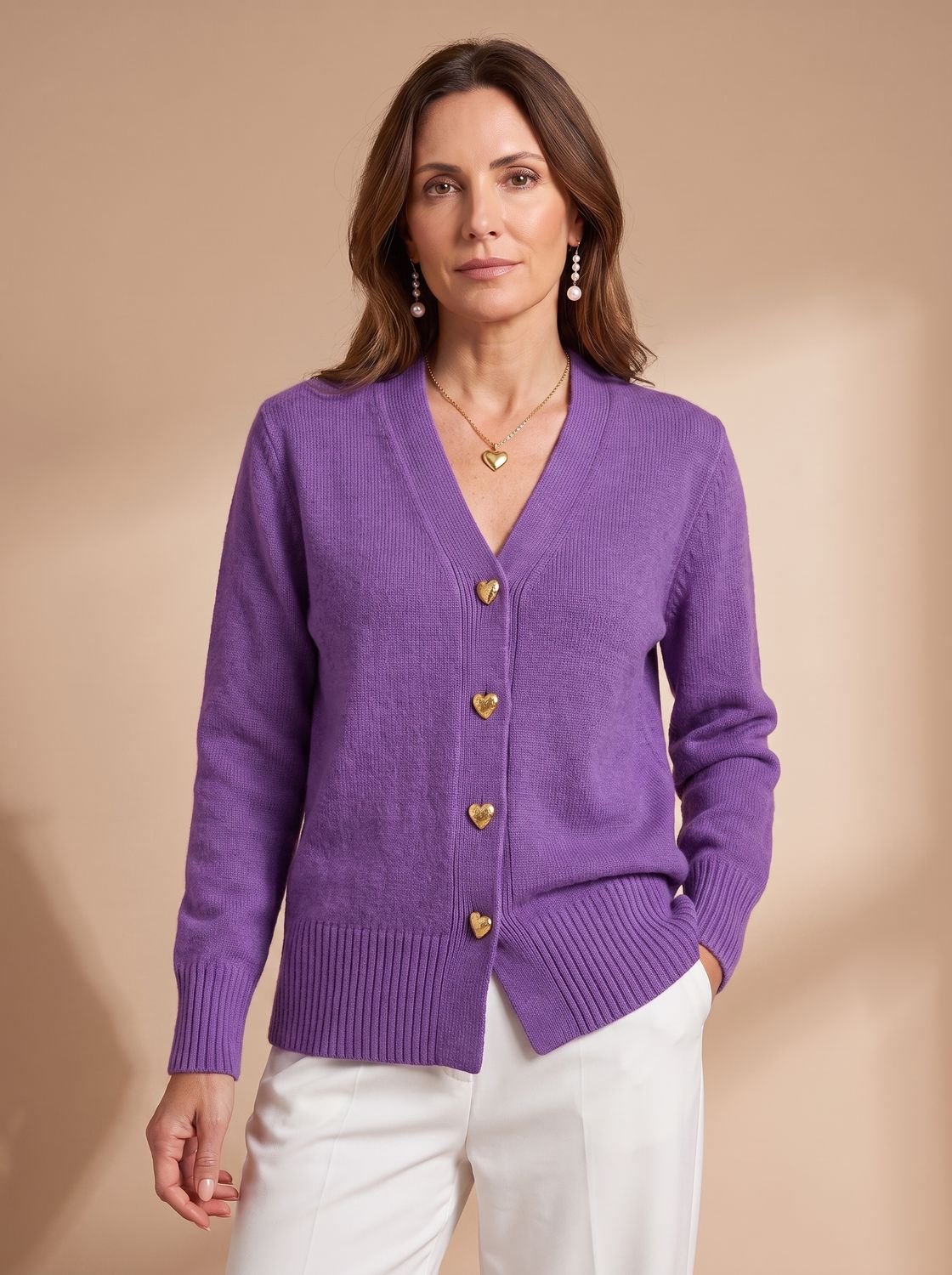 Katharina | Cardigan à col en V pour femmes, manches longues, boutons en forme de cœur dorés