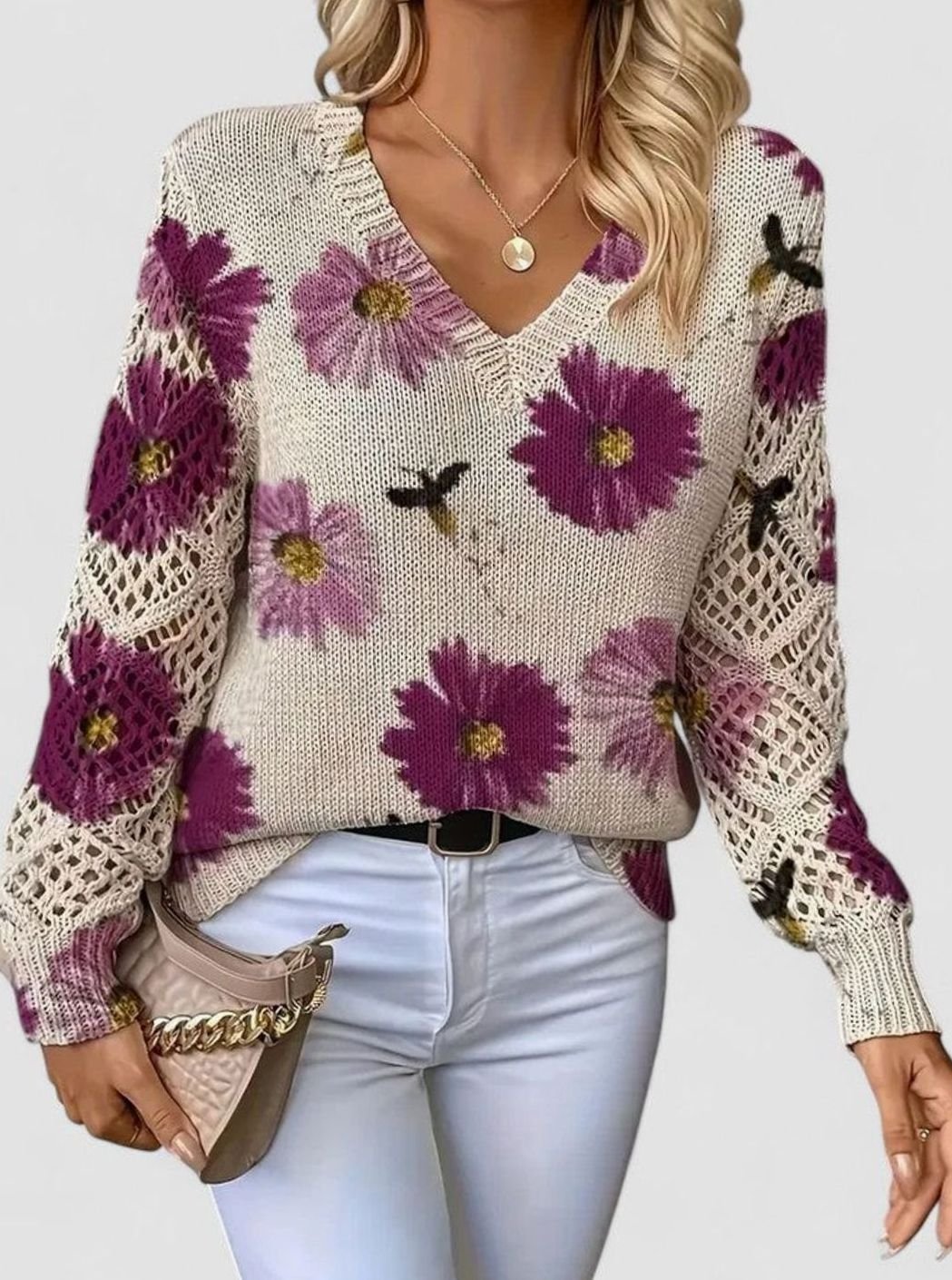 Clara | Pull en tricot pour femmes à motif floral, décolleté en V, manches ajourées