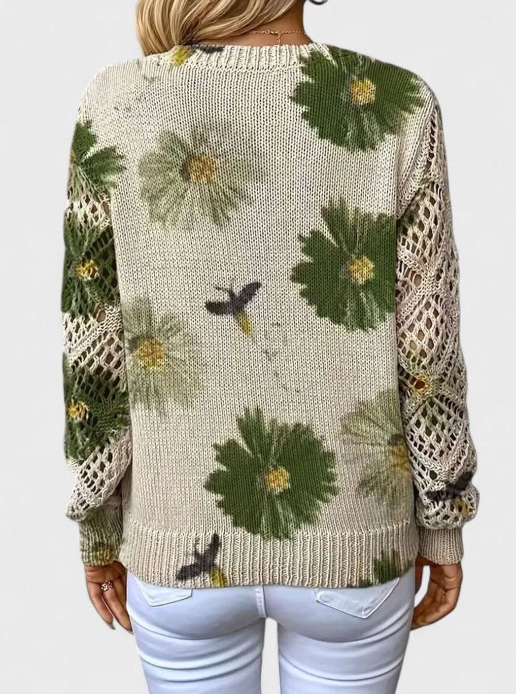 Clara | Pull en tricot pour femmes à motif floral, décolleté en V, manches ajourées