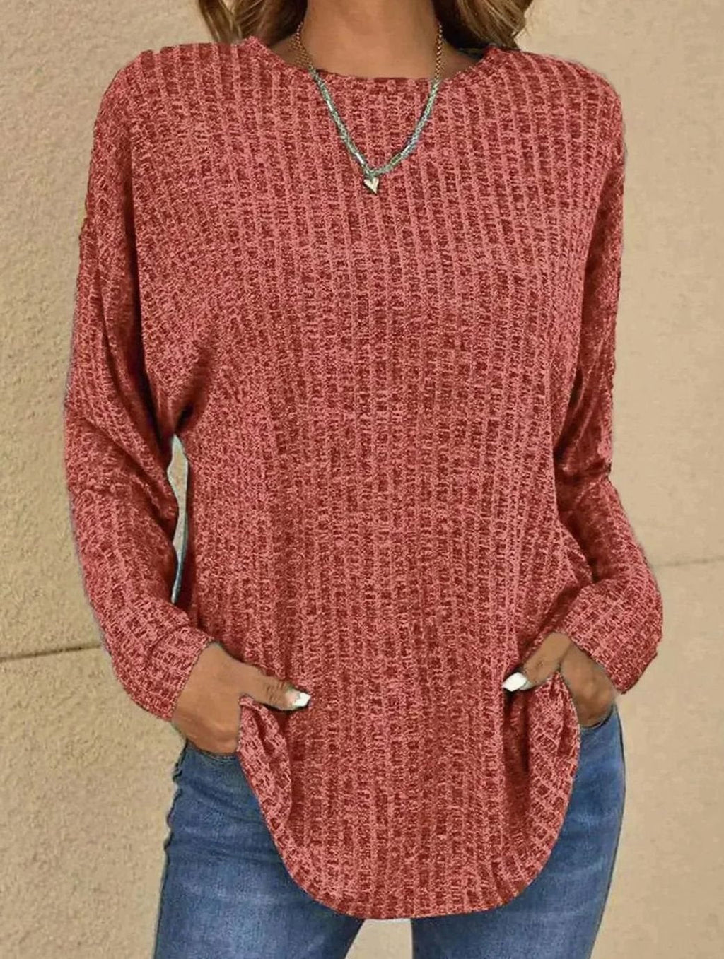 Mia | Pull en Tricot pour Femmes à Manches Longues Col Rond en Maille Waffle Oversized