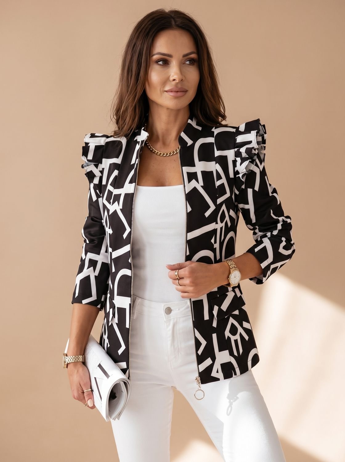 Amelie | Veste blazer cintrée pour femmes avec manches à volants, imprimé graphique, fermeture éclair