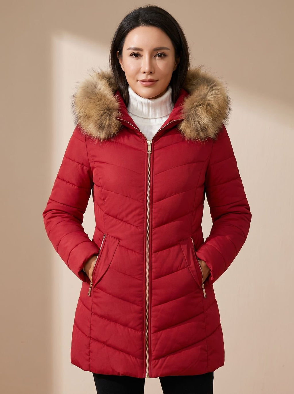 Sophie | Veste matelassée femme ajustée avec capuche en fausse fourrure