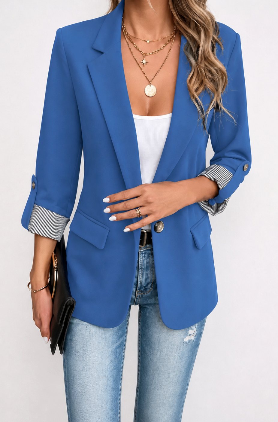 Marie | Blazer ajusté pour femmes avec poignets rayés et manches roulées