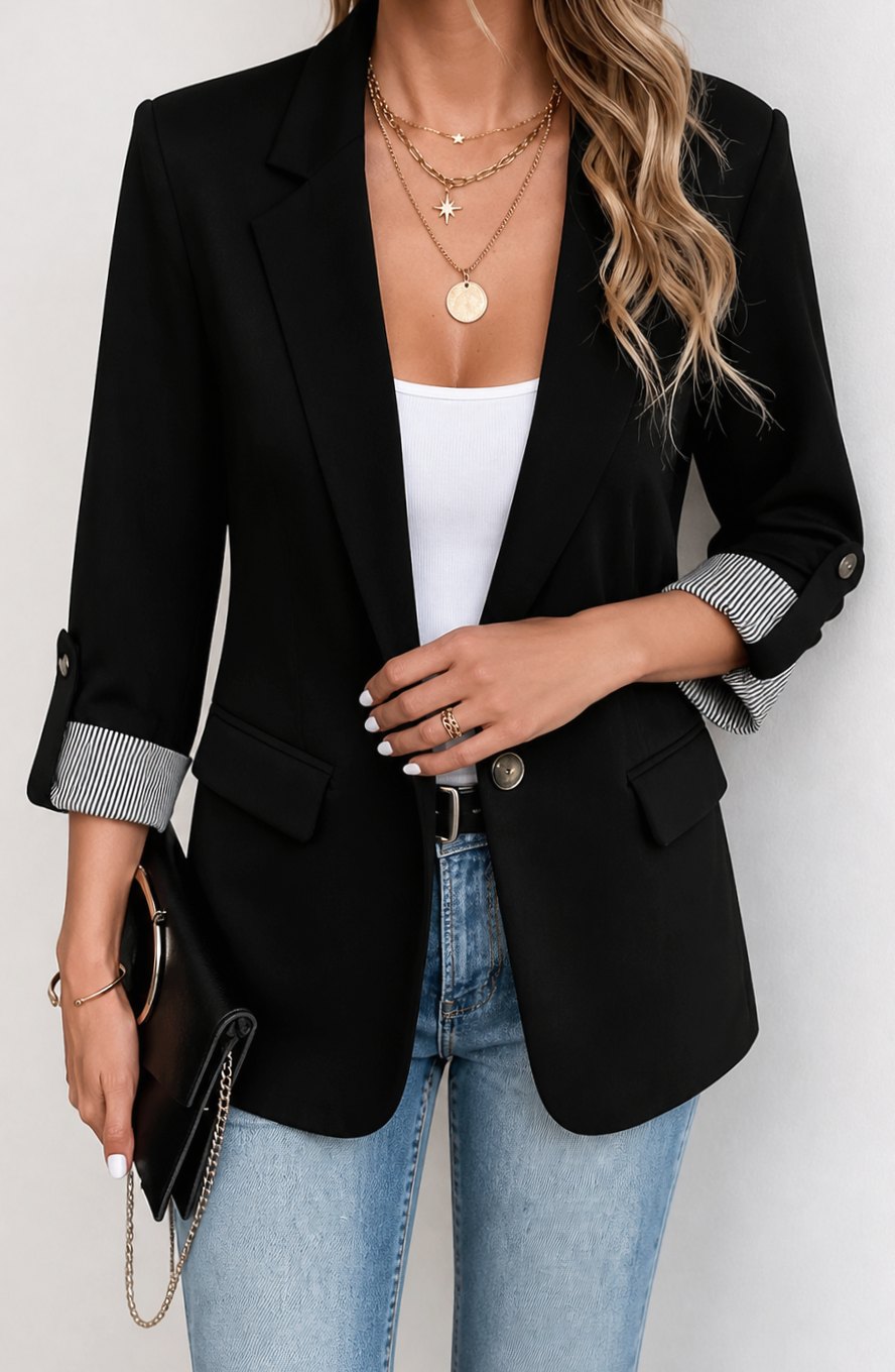 Marie | Blazer ajusté pour femmes avec poignets rayés et manches roulées