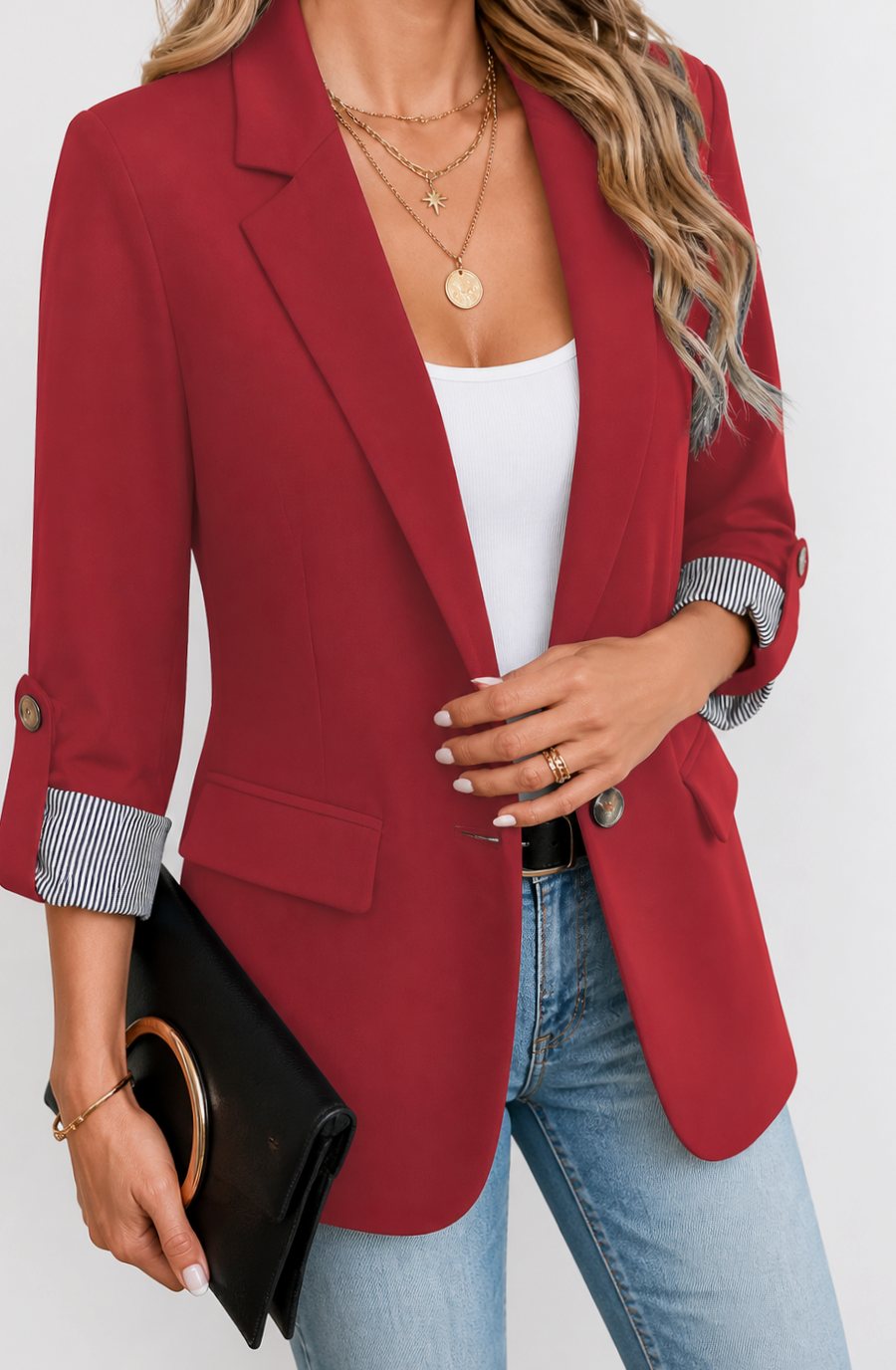 Marie | Blazer ajusté pour femmes avec poignets rayés et manches roulées