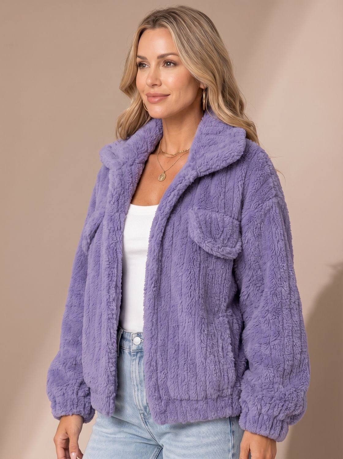 Lena | Veste Teddy pour femmes en fausse fourrure, manteau Relaxed-Fit, veste en polaire avec col large