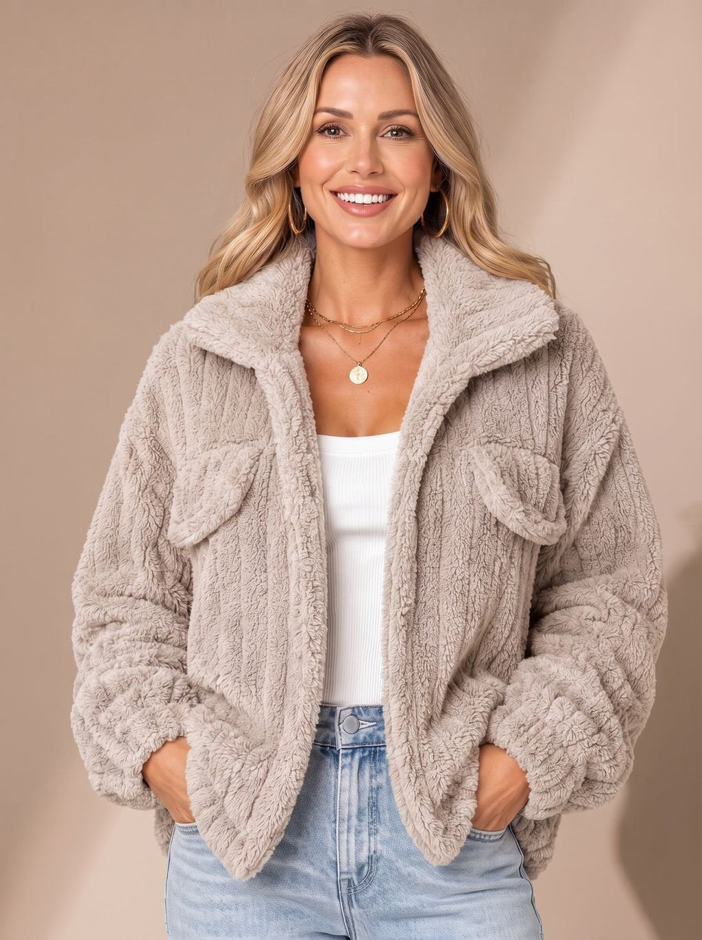 Lena | Veste Teddy pour femmes en fausse fourrure, manteau Relaxed-Fit, veste en polaire avec col large