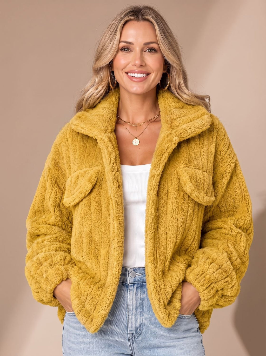 Lena | Veste Teddy pour femmes en fausse fourrure, manteau Relaxed-Fit, veste en polaire avec col large