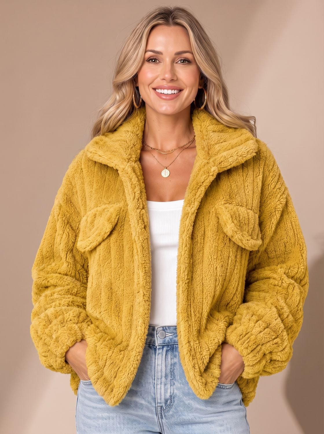 Lena | Veste Teddy pour femmes en fausse fourrure, manteau Relaxed-Fit, veste en polaire avec col large