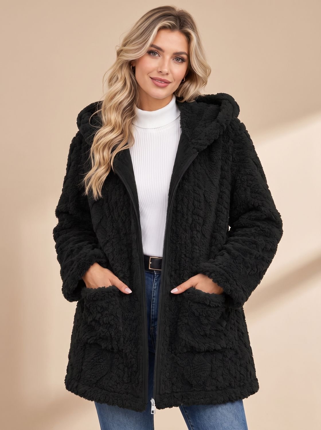 Nora | Veste teddy pour femmes avec capuche, fermeture éclair, manteau en fausse fourrure, mi-long