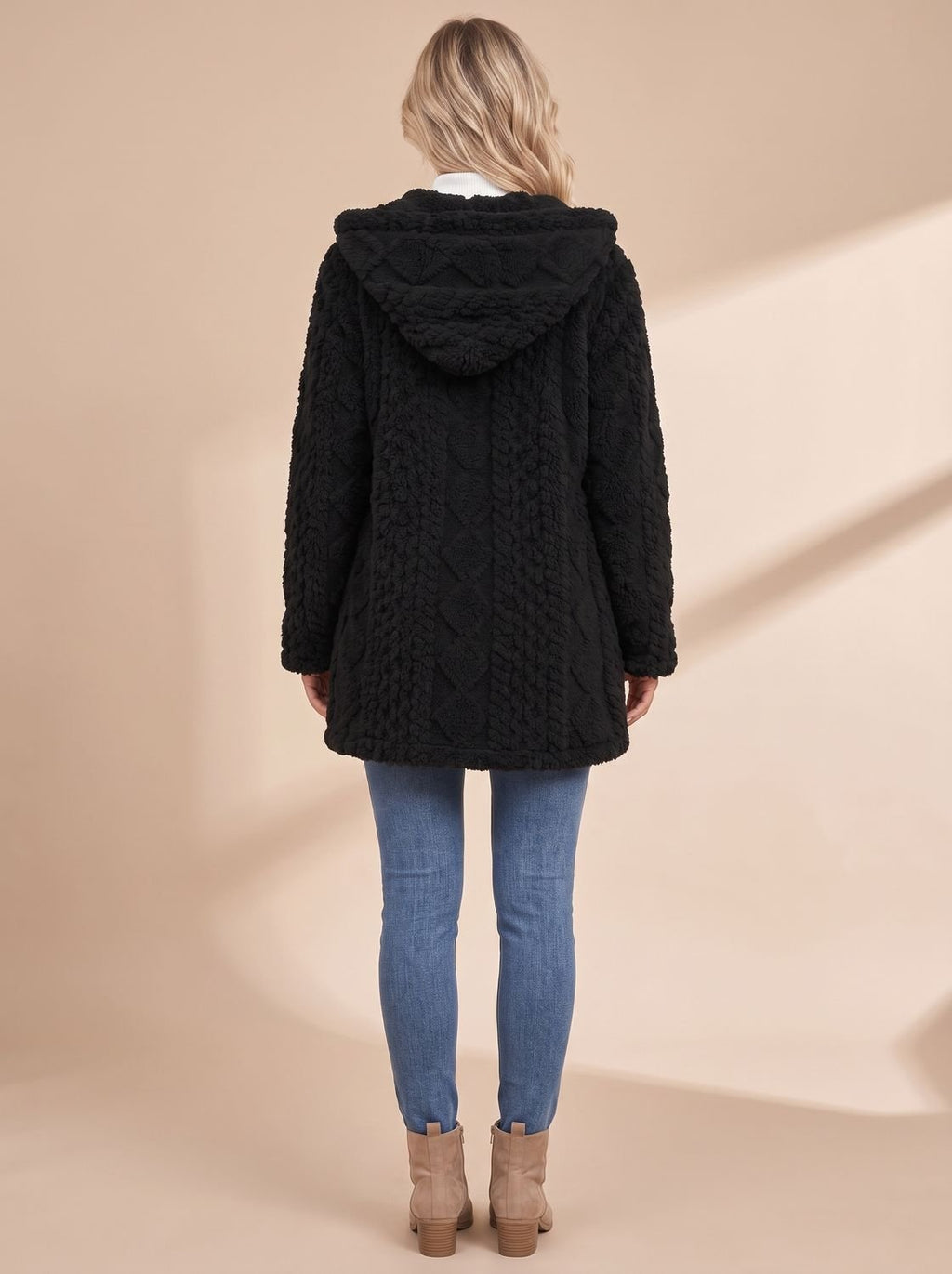 Nora | Veste teddy pour femmes avec capuche, fermeture éclair, manteau en fausse fourrure, mi-long