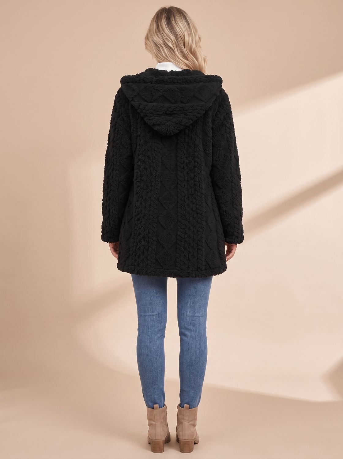 Nora | Veste teddy pour femmes avec capuche, fermeture éclair, manteau en fausse fourrure, mi-long