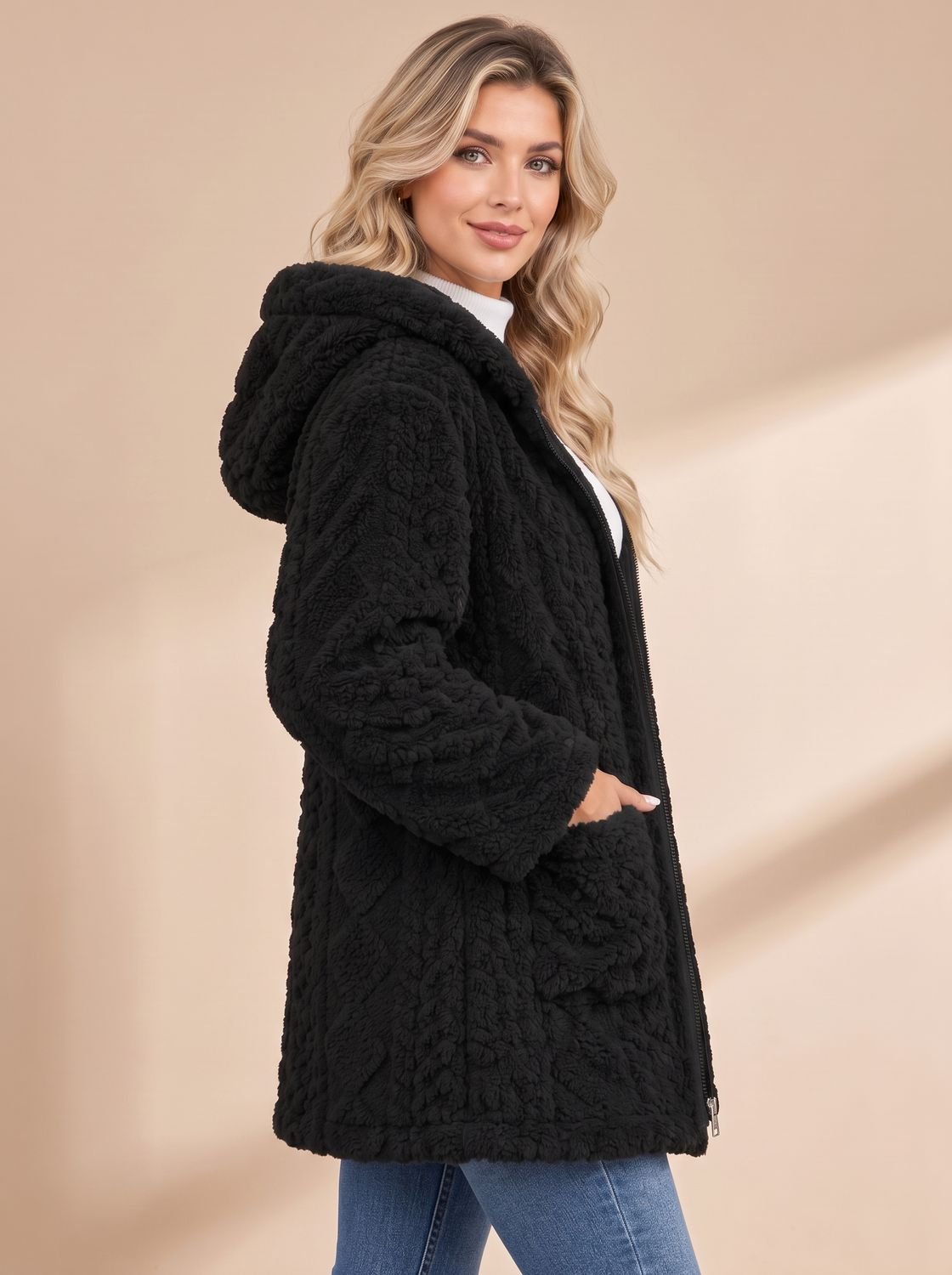 Nora | Veste teddy pour femmes avec capuche, fermeture éclair, manteau en fausse fourrure, mi-long