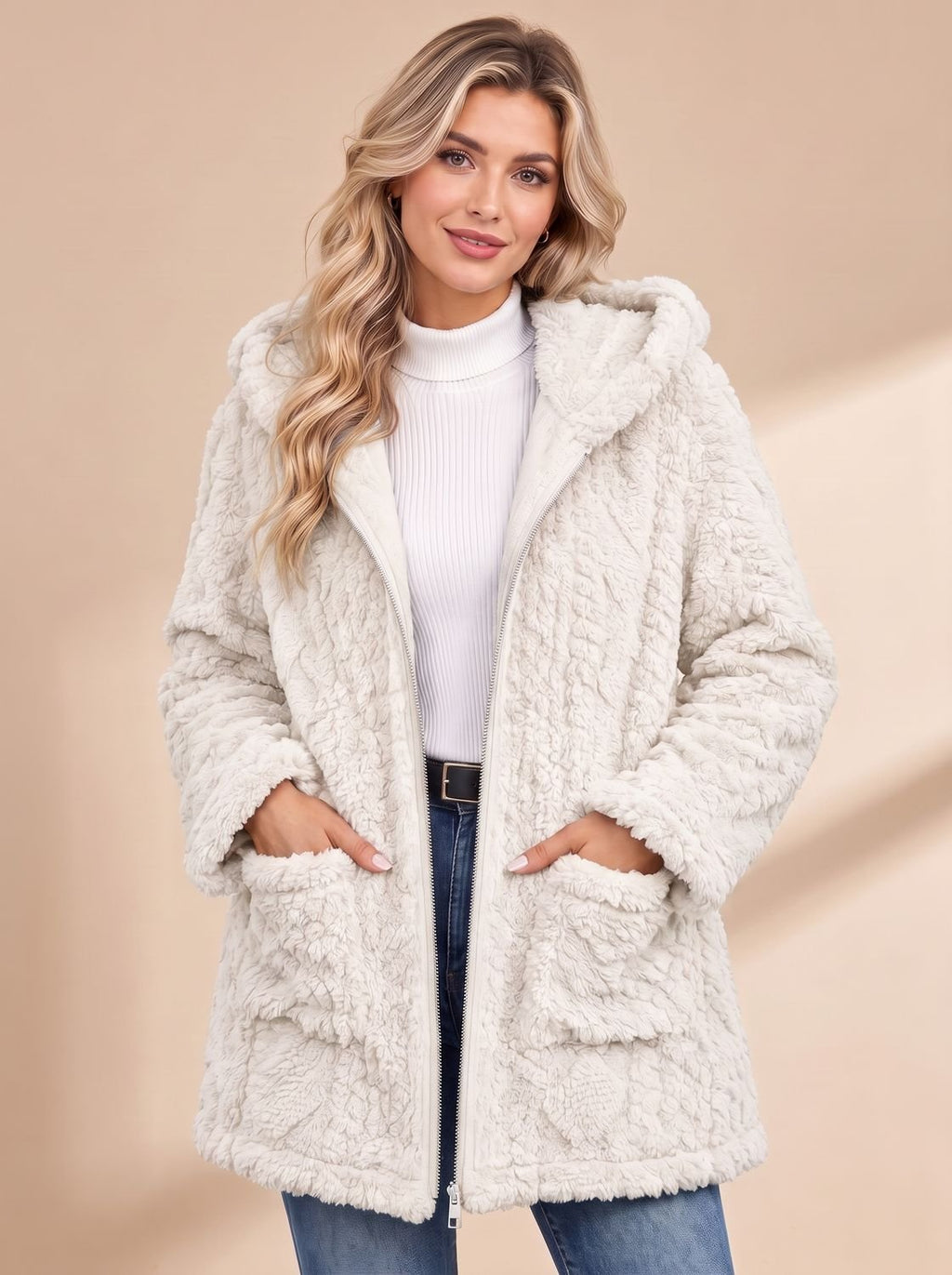 Nora | Veste teddy pour femmes avec capuche, fermeture éclair, manteau en fausse fourrure, mi-long