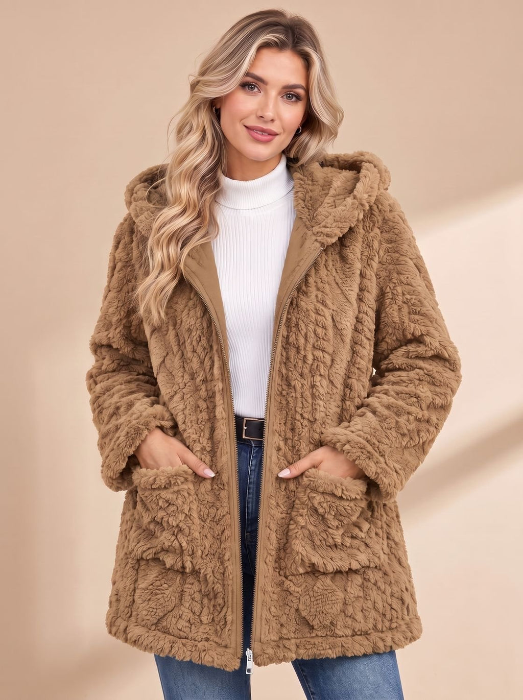 Nora | Veste teddy pour femmes avec capuche, fermeture éclair, manteau en fausse fourrure, mi-long