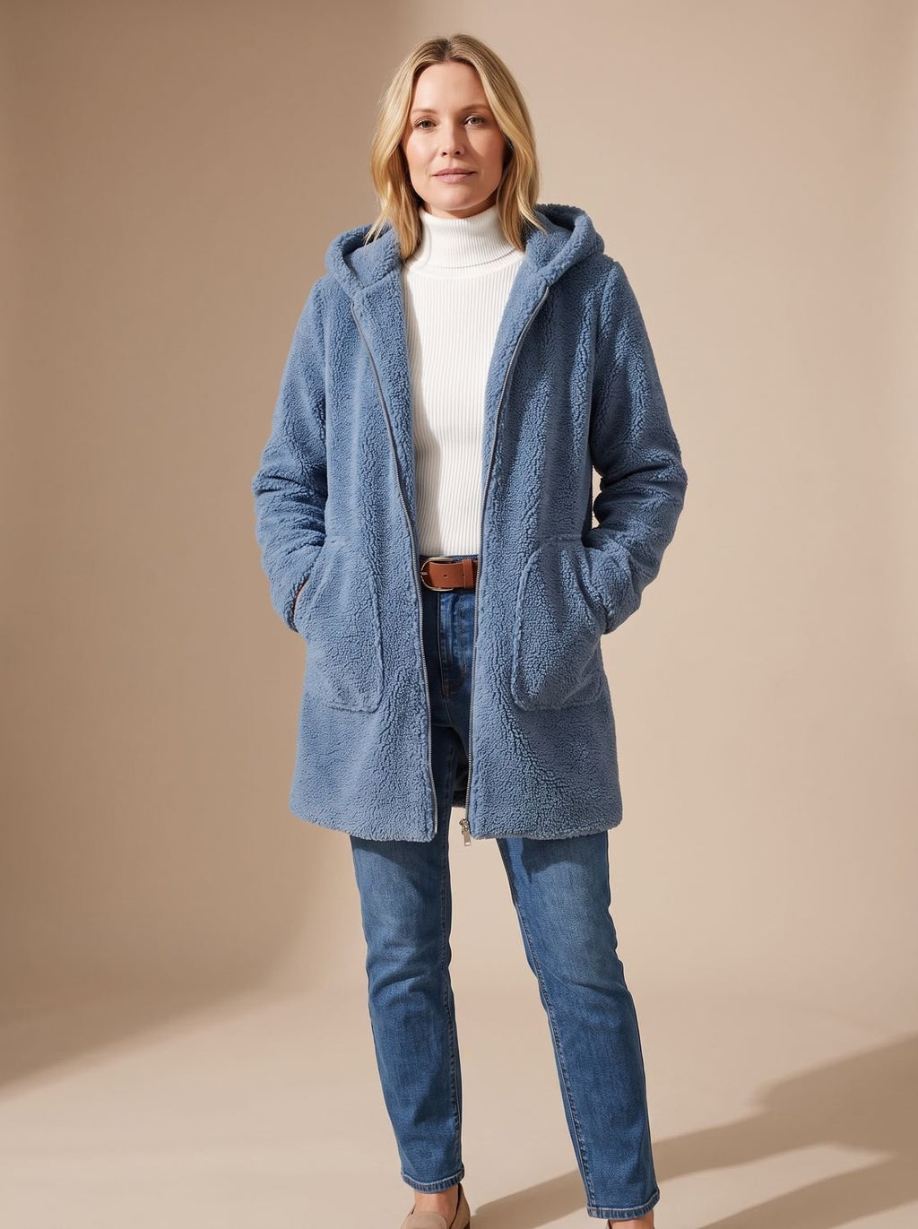 Nora | Veste teddy pour femmes avec capuche, fermeture éclair, manteau en fausse fourrure, mi-long