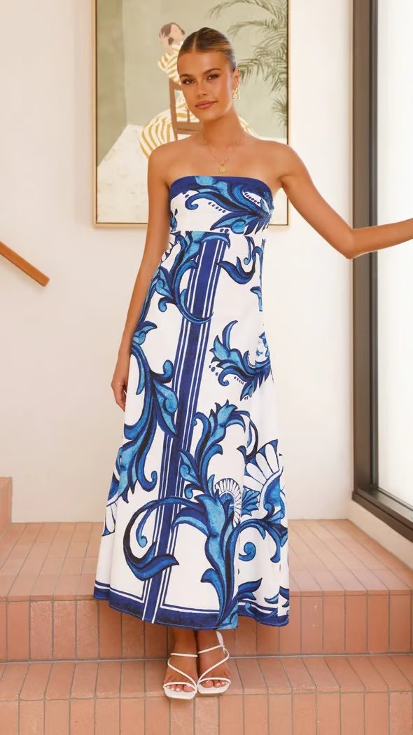 Hannah | Robe Maxi Vintage Imprimé Sans Bretelles
